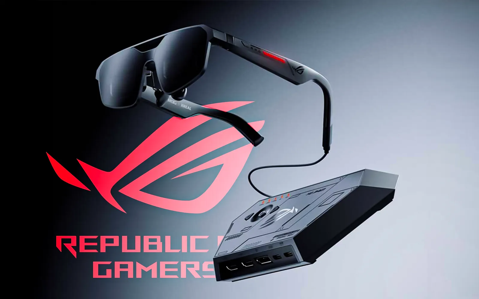 Close-up product shot of the ROG XREAL R1 gaming glasses on a table, showcasing its sleek design as a high-refresh-rate wearable display for PC and console gaming.
