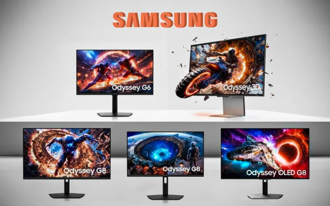 Samsung Odyssey CES 2026 gaming monitor lineup featuring the world's first 6K glasses-free 3D display and ultra-high refresh rate models.