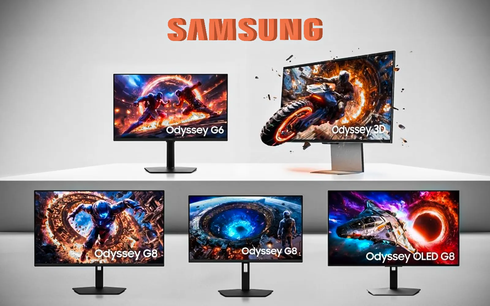 Samsung Odyssey CES 2026 gaming monitor lineup featuring the world's first 6K glasses-free 3D display and ultra-high refresh rate models.