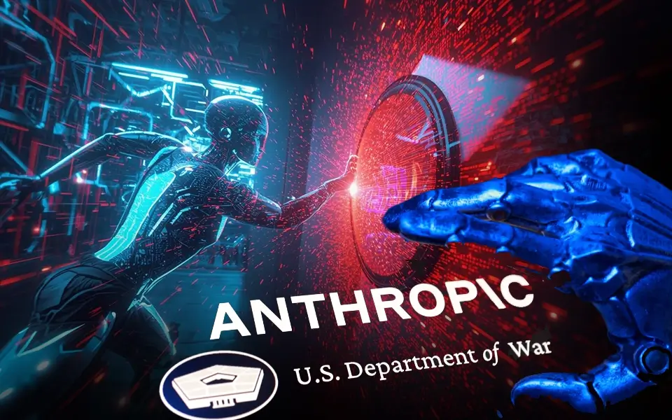 Anthropic AI company logo with Pentagon building representing lawsuit over defense technology blacklist