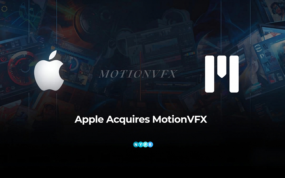 Video editing interface showing Apple and MotionVFX integration with timeline, effects, and color grading tools
