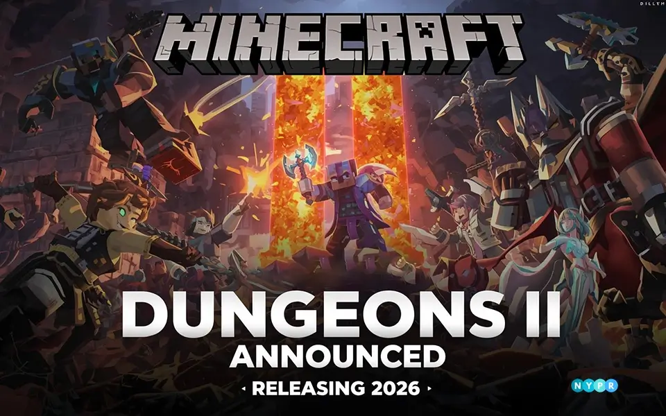 Gameplay scene showing heroes battling mobs in a vibrant dungeon world