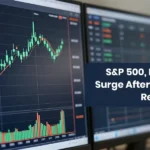 Digital stock board showing rising S&P 500 and Nasdaq lines