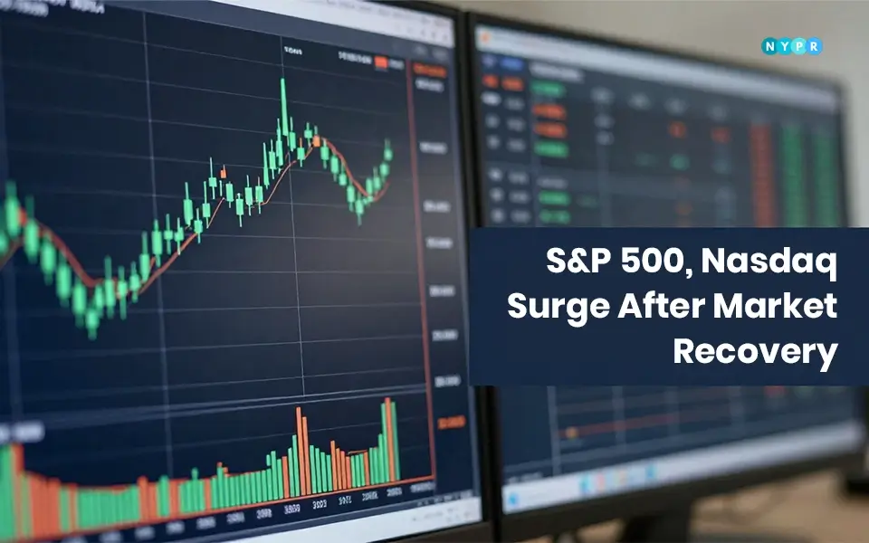 Digital stock board showing rising S&P 500 and Nasdaq lines