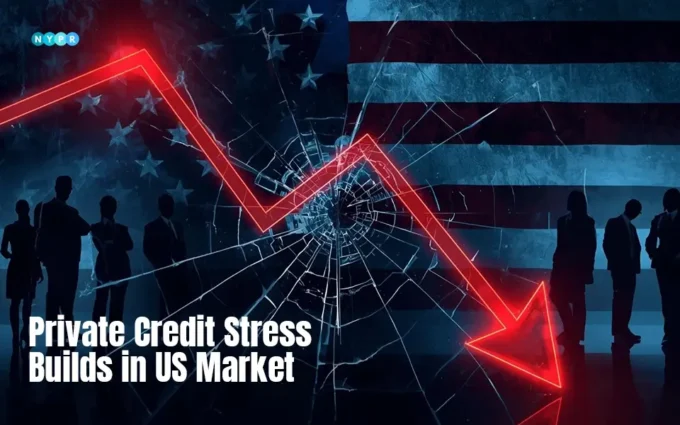 Financial district skyline showing stress in private credit markets