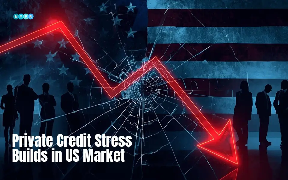 Financial district skyline showing stress in private credit markets