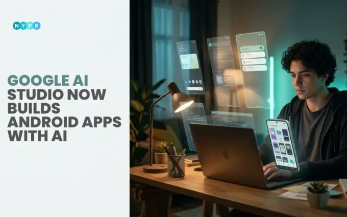 Google AI Studio creating Android apps from AI prompts with browser-based testing tools at Google I/O 2026 event.