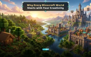 Player exploring a new Minecraft world and building creative structures from scratch