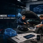 Ford engineers inspecting vehicle components alongside AI-powered quality systems inside an automotive manufacturing plant.