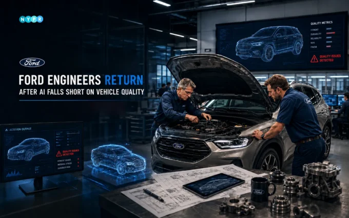 Ford engineers inspecting vehicle components alongside AI-powered quality systems inside an automotive manufacturing plant.