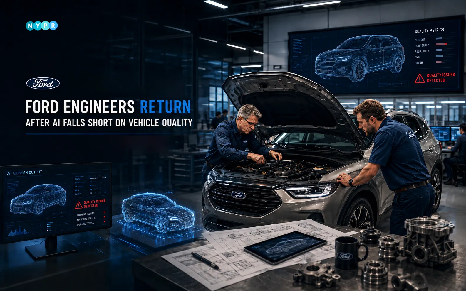 Ford engineers inspecting vehicle components alongside AI-powered quality systems inside an automotive manufacturing plant.