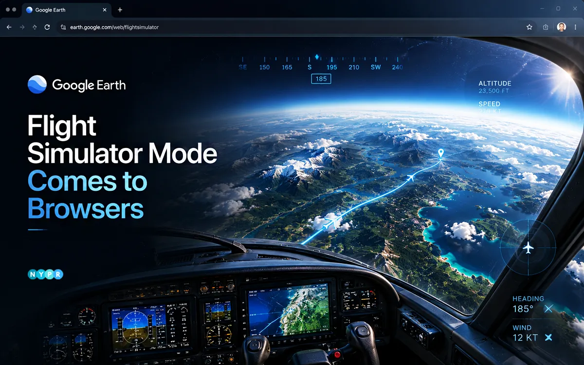 Google Earth Flight Simulator Mode Comes to Browsers, showing an aircraft flying over detailed 3D terrain in a web browser