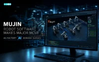 Mujin robot software controlling AI-powered robots in a modern warehouse automation and factory operations environment