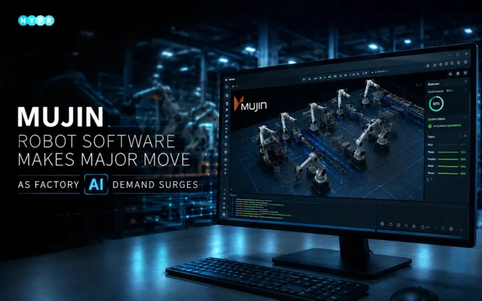 Mujin robot software controlling AI-powered robots in a modern warehouse automation and factory operations environment