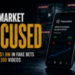 Illustration showing the Polymarket fake bets controversy with social media creators promoting staged betting wins on replica websites.