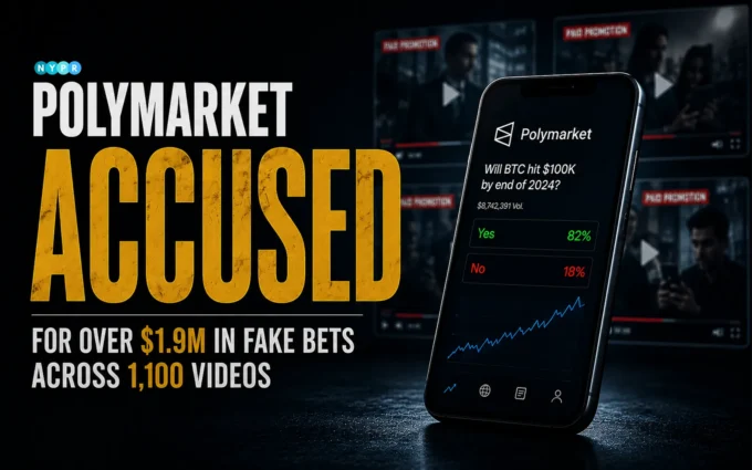Illustration showing the Polymarket fake bets controversy with social media creators promoting staged betting wins on replica websites.