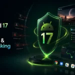 Android 17 update showing Bubble Bar multitasking and new security tools on a foldable phone.