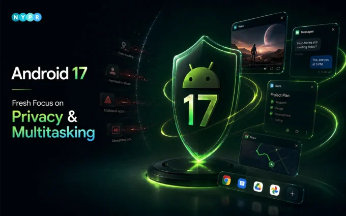 Android 17 update showing Bubble Bar multitasking and new security tools on a foldable phone.