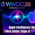 Apple Intelligence upgrade showcased at WWDC26 featuring Siri AI, iOS 27, parental controls, and software updates across Apple devices.
