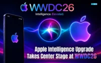 Apple Intelligence upgrade showcased at WWDC26 featuring Siri AI, iOS 27, parental controls, and software updates across Apple devices.