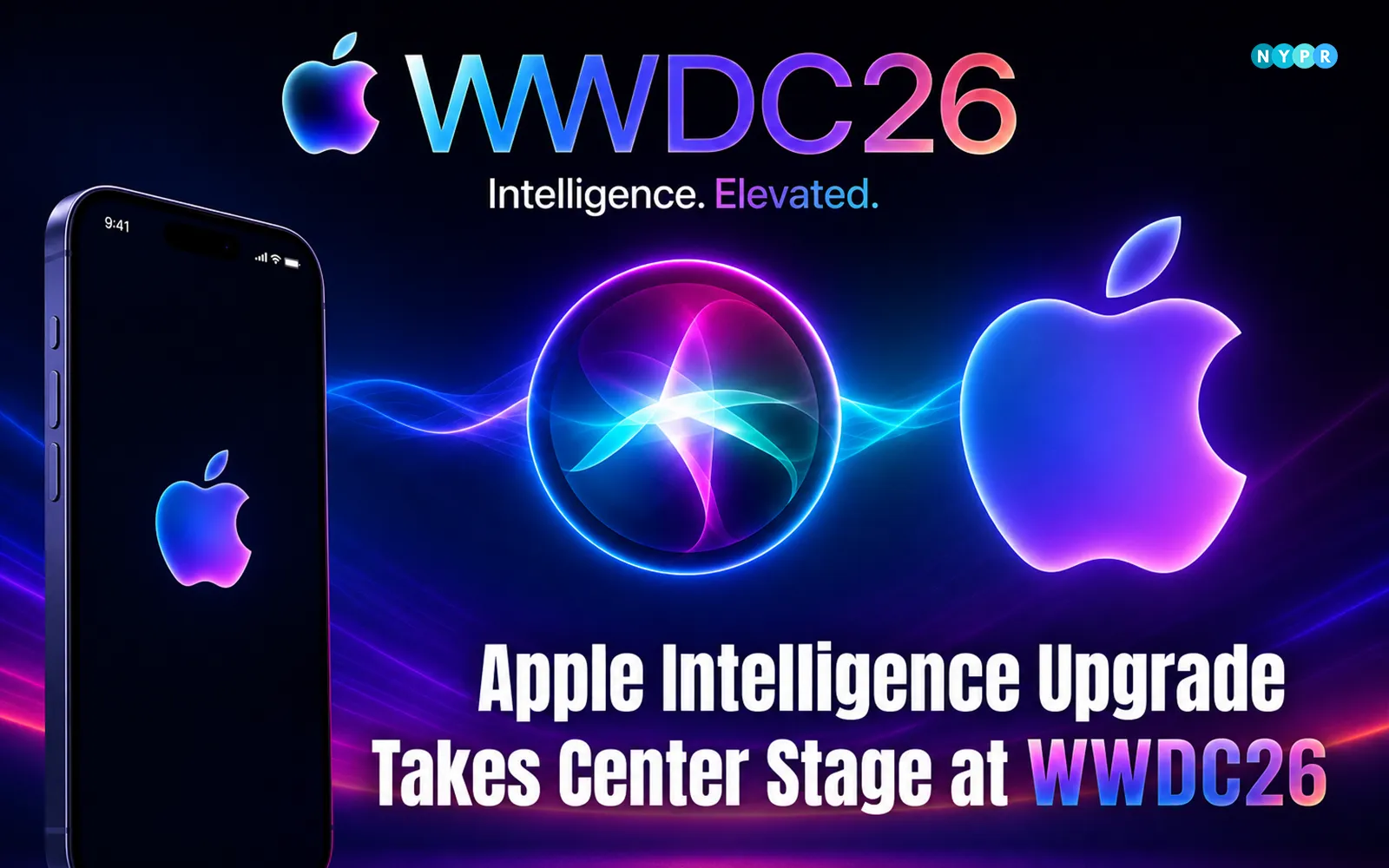 Apple Intelligence upgrade showcased at WWDC26 featuring Siri AI, iOS 27, parental controls, and software updates across Apple devices.