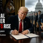 Infographic showing federal worker layoffs affecting 8,000 government employees after Trump's executive order