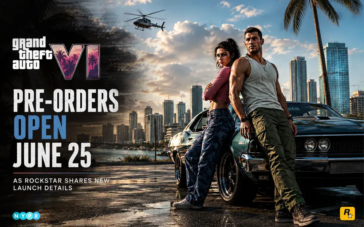 Official GTA 6 pre-orders artwork featuring the Grand Theft Auto VI cover art and the June 25 pre-order launch date from Rockstar Games.