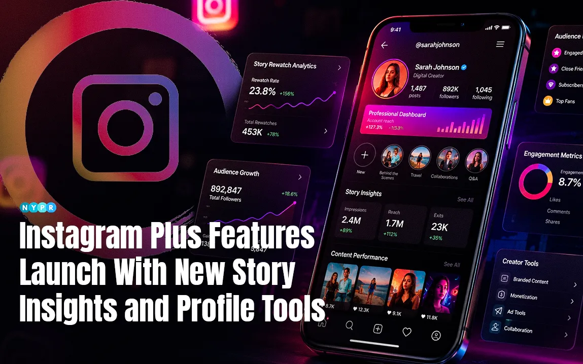 Instagram Plus features on a smartphone showing story insights, profile customization, and premium subscriber tools.