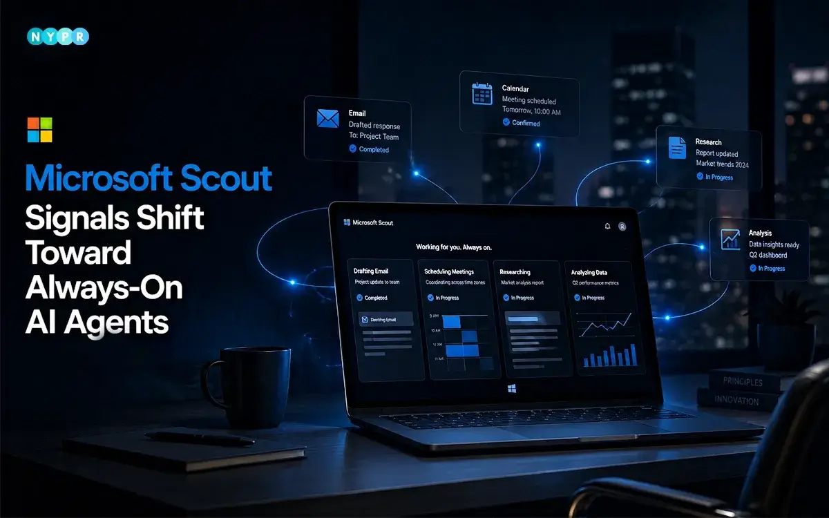 Microsoft Scout AI agent managing workplace tasks and workflows across Microsoft 365 applications.