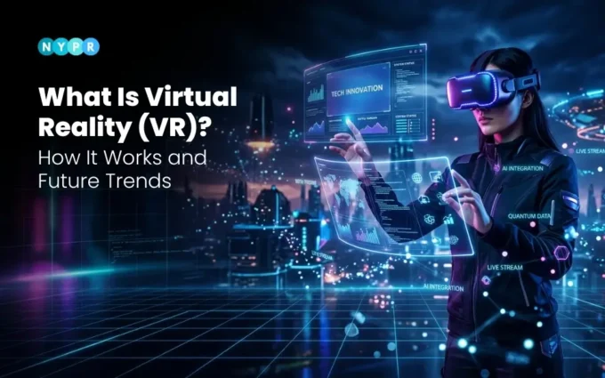 Infographic showing what virtual reality is, how it works, and future trends