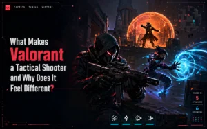 Infographic showing what makes Valorant a tactical shooter with unique strategy, agent abilities, and team-based gameplay