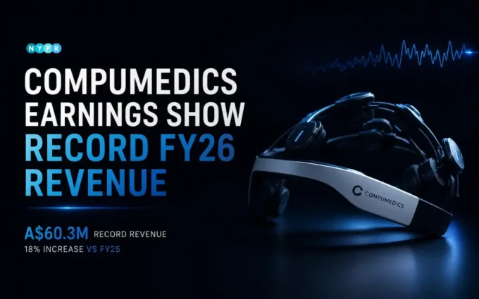 Infographic showing compumedics earnings record FY26 revenue and software growth