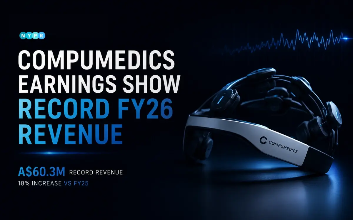 Infographic showing compumedics earnings record FY26 revenue and software growth