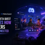 Discord Meta Quest native VR app running on a Meta Quest headset with voice chat, servers, and gameplay streaming.
