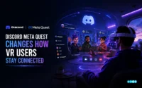 Discord Meta Quest native VR app running on a Meta Quest headset with voice chat, servers, and gameplay streaming.