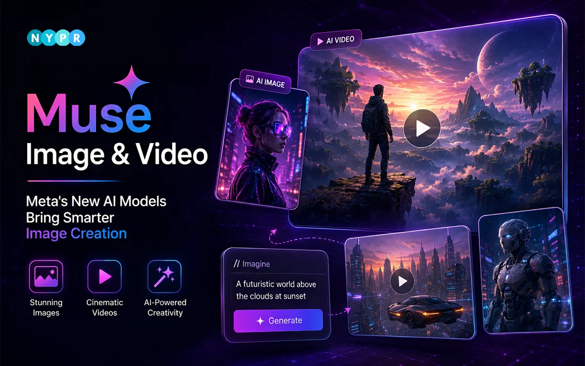 Muse Images and Video interface showing AI-generated images and videos created with Meta AI.