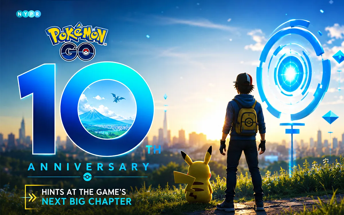 Pokémon GO 10th Anniversary celebration in Times Square featuring Mega Mewtwo, Unity Raids, and thousands of Trainers.