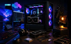 Infographic of a gaming PC core rig for 2026 highlighting the CPU, GPU, and 32GB RAM needed for smooth gaming and streaming.
