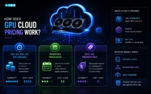 Infographic showing how GPU cloud pricing work? Factors that affect GPU cloud computing costs, including GPU type, usage time, and storage.